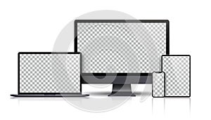 Realistic set of Monitor, laptop, tablet, smartphone dark grey color - Stock Vector