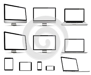Realistic set of monitor, laptop, tablet, smartphone. Device collection - Stock Vector