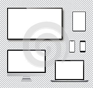 Realistic set of Monitor, laptop, tablet, smartphone and TV screen - Stock Vector