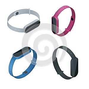 Realistic set of multi-colored fitness activity bracelets. Isometric view with different angles