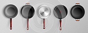 Realistic set of non stick frying pans with handles isolated on transparent background vector