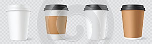 Realistic set paper coffee cups on white background. 3D vector mockup - stock vector