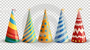 This is a realistic set of party hats with dots, stripes, zigzags on a transparent background. Modern illustration of photo