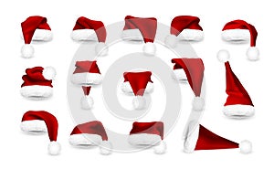 Realistic set of Red Santa Claus hats isolated on white background. Gradient mesh Santa Claus cap with fur. Vector illustration