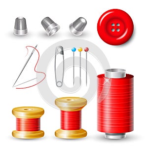 Realistic set of spools for sewing, thimbles, button on clothes, needles isolated on white background. Red vector sewing kit