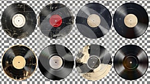 A realistic set of square distressed edge vinyl record covers isolated on a transparent background. Vintage paper