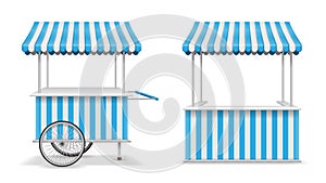 Realistic set of street food kiosk and cart with wheels. Mobile blue market stall template. Farmer kiosk shop mockup