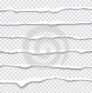 Realistic set torn paper edges with shadow on transparent background - stock vector