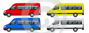 Realistic set of Van template Isolated passenger minibus for corporate identity and advertising. View from side.