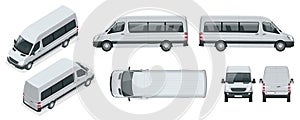 Realistic set of Van template Isolated passenger minibus for corporate identity and advertising. View from side, top