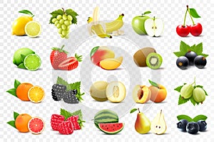 Realistic set of various kinds of fruits with orange, kiwi, pear, lemon, grapes, strawberries, currants, peach, lime, grapefruit,