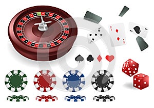 The realistic set of vector casino elements or icons including roulette wheel, playing cards, chips, dice and more