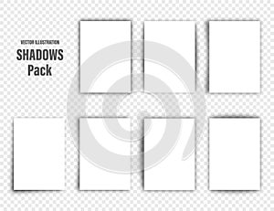 Realistic shadows collection. Page dividers. Shadow from a sheet of A4 paper. Vector illustration.