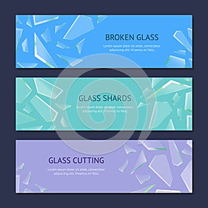 Realistic Shards of Broken Glass Banner Horizontal Set. Vector