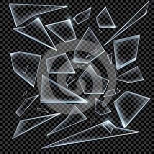 Realistic Shards of Broken Glass on Transparent Background Sharp Piece. Vector illustration