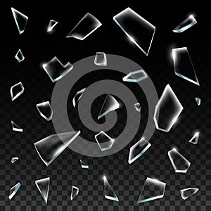 Realistic shattered glass. Shattered glass pieces, cracked broken clear shattered glass fragments and shapes 3D isolated