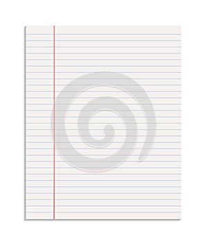 Realistic sheet of lined paper from a notebook, blank paper torn from a pad without holes