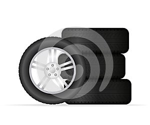 Realistic shining disk car wheel tyre set. Vector stock illustration
