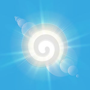 Realistic shining sun with lens flare. Blue sky with clouds background. Vector illustration.