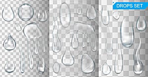 Realistic shining water drops and drips on transparent background vector