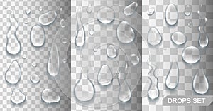 Realistic shining water drops and drips on transparent background vector illustration.