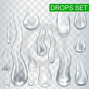 Realistic shining water drops and drips on transparent background vector photo