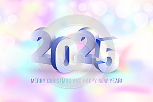 Realistic shiny 3D silver numbers 2025 on trendy holographic background. Vector chrome greeting 2025 New Year concept