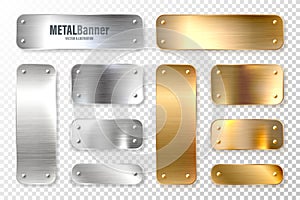 Realistic shiny metal banners set. Brushed steel and copper plate. Polished silver metal surface. Vector illustration.