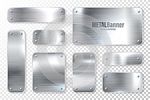 Realistic shiny metal banners set. Brushed steel plate. Polished silver metal surface. Vector illustration.