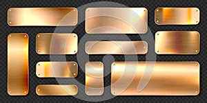 Realistic shiny metal banners set. Brushed steel plate with screws. Polished copper metal surface. Vector illustration.