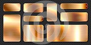 Realistic shiny metal banners set. Brushed steel plate with screws. Polished copper metal surface. Vector illustration.