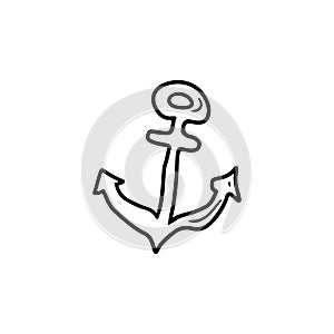 Realistic ship anchor in black isolated on white background. Hand drawn vector sketch illustration in doodle vintage engraved