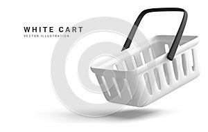 Realistic shopping cart is flying isolated on white background. Empty shopping basket. Vector illustration