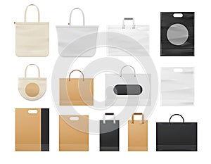 Realistic shopping paper, plastic and cloth tote bag mockups. Eco reusable white bags with handle. Corporate branding