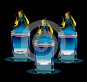 Realistic shot of cocktail with fire. 3d glass, for the restaurans, bars collection. Isolated on a black background