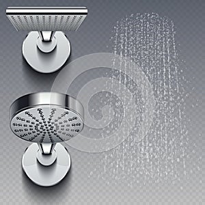 Realistic shower metal heads and trickles of water vector illustration isolated on transparent background