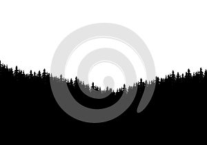 Realistic silhouette of forest and tree tops. Isolated on white background with space for text, vector