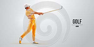 Realistic silhouette of a golf player on white background. Golfer man hits the ball. Vector illustration