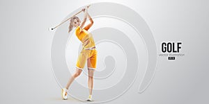 Realistic silhouette of a golf player on white background. Golfer woman hits the ball. Vector illustration