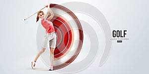 Realistic silhouette of a golf player on white background. Golfer woman hits the ball. Vector illustration