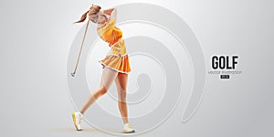 Realistic silhouette of a golf player on white background. Golfer woman hits the ball. Vector illustration