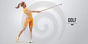 Realistic silhouette of a golf player on white background. Golfer woman hits the ball. Vector illustration