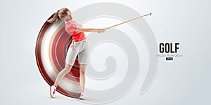 Realistic silhouette of a golf player on white background. Golfer woman hits the ball. Vector illustration