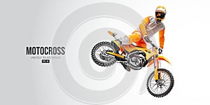 Realistic silhouette of a motocross rider, man is doing a trick, isolated on white background. Enduro motorbike sport