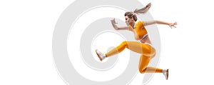 Realistic silhouette of a running athlete on white background. Runner woman are running sprint or marathon.