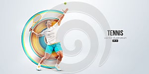Realistic silhouette of a tennis player on white background. Tennis player man with racket hits the ball. Vector