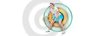 Realistic silhouette of a tennis player on white background. Tennis player woman with racket hits the ball. illustration