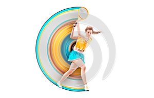 Realistic silhouette of a tennis player on white background. Tennis player woman with racket hits the ball. illustration