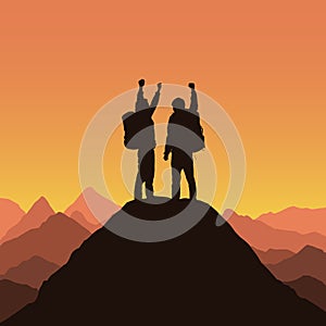 Realistic silhouettes of two mountain climbers photo
