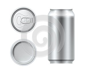 Realistic silver 3d aluminum can vector illustration. Empty glossy metal pack for liquid beverages